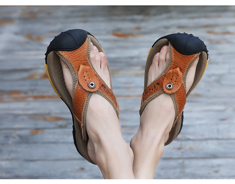 Genuine Cow Leather Shoes Men Sandals Mens Flip Flops Men's Casual Shoes Classic Massage Beach Slippers Anti-slip Summer 2021