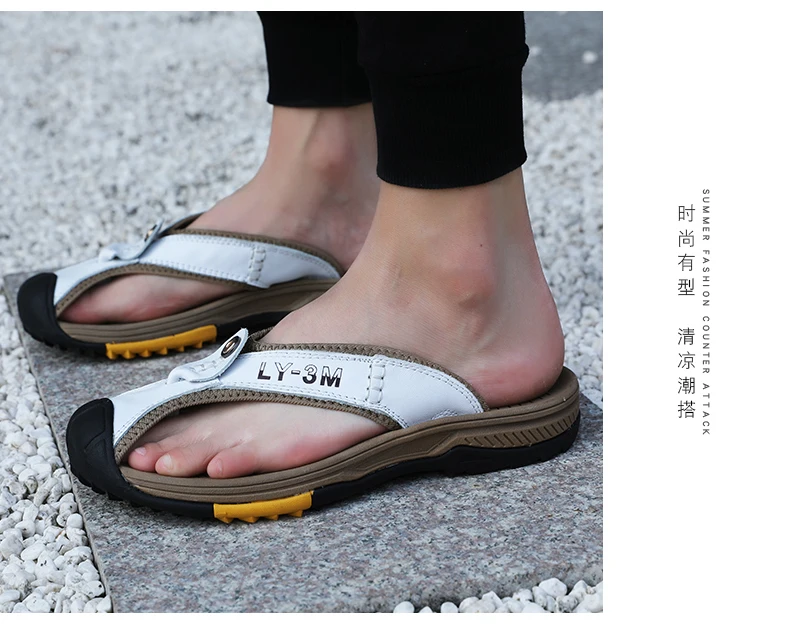 Genuine Cow Leather Shoes Men Sandals Mens Flip Flops Men's Casual Shoes Classic Massage Beach Slippers Anti-slip Summer 2021