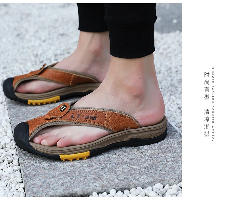 Genuine Cow Leather Shoes Men Sandals Mens Flip Flops Men's Casual Shoes Classic Massage Beach Slippers Anti-slip Summer 2021