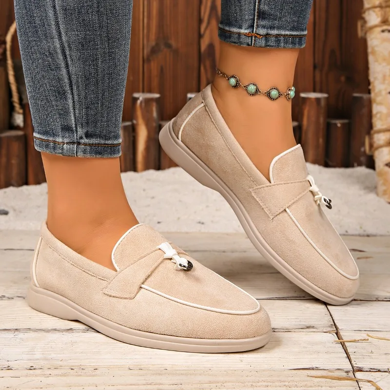 Four Seasons Women Suede Bow Decor Loafers Metal Accent Non-Slip Flat Sole Slip-On Office Work Daily Casual Walking Shoes