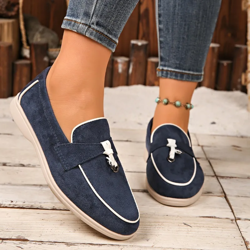 Four Seasons Women Suede Bow Decor Loafers Metal Accent Non-Slip Flat Sole Slip-On Office Work Daily Casual Walking Shoes
