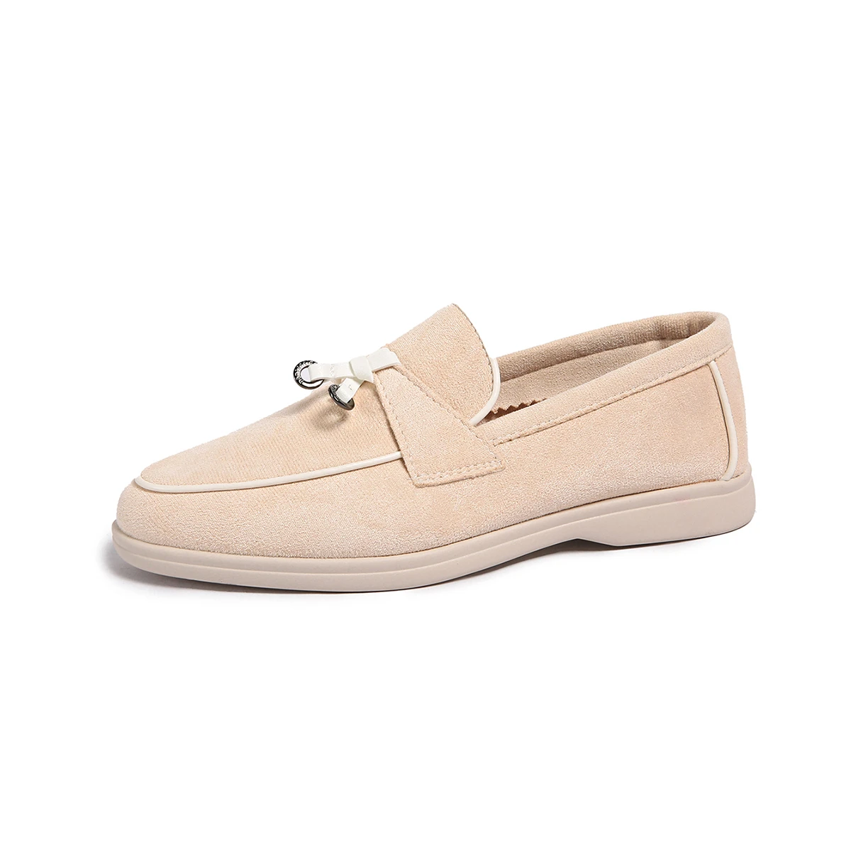 Four Seasons Women Suede Bow Decor Loafers Metal Accent Non-Slip Flat Sole Slip-On Office Work Daily Casual Walking Shoes