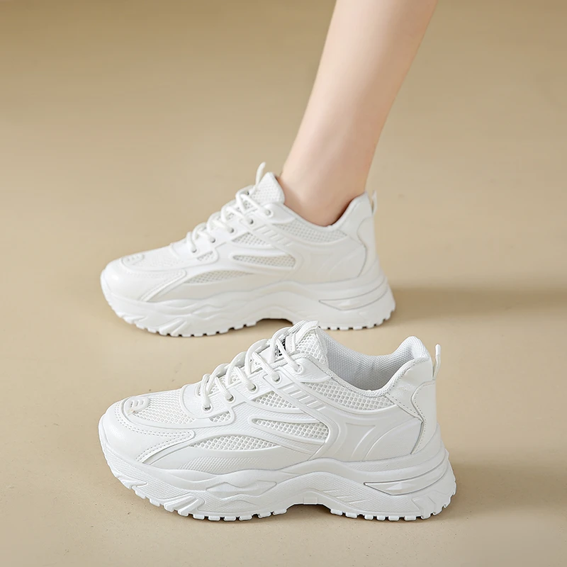 White Sneakers Women 2024 New Leather Chunky Sneakers Women's Sports Shoes Thick Tennis Vulcanized Shoes Basket Platform Shoes