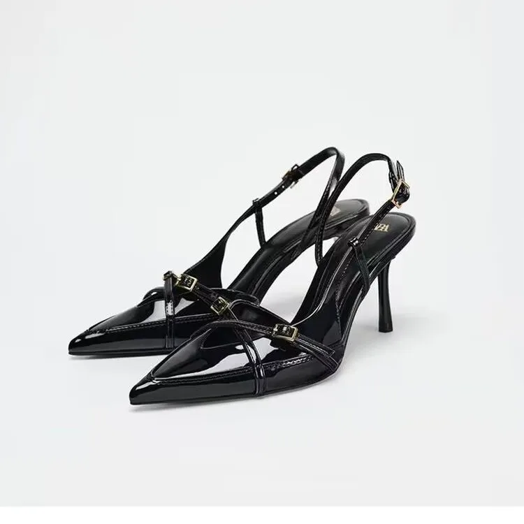 Sexy wine-red high-heeled shoes. Summer fashion pointed-toe elegant cross-strap stiletto sandals. Big size women's shoes