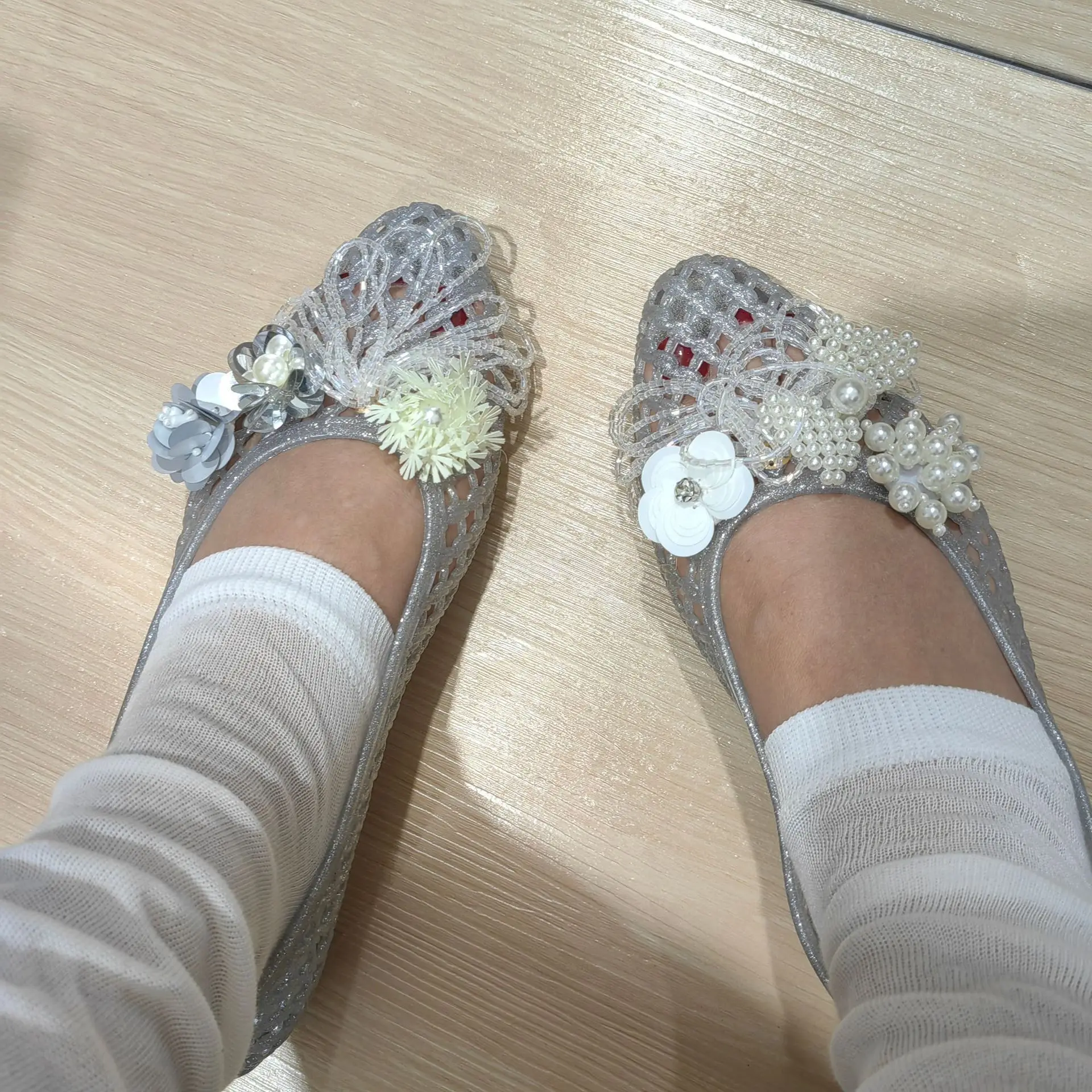 2026 Summer Hot-Selling Crystal Shoes, Pointed Toe, Closed Heel, Handmade Floral Shoes, Mesh Flat Sandals, Slippers, Crystal Shoes for Women