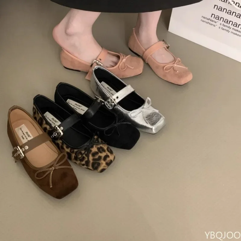 Women's square toe Shoes New Luxury Bow flats Ladies ballet silver belt buckle footwear Elegant fashion Mary Jane shoes Zapatos