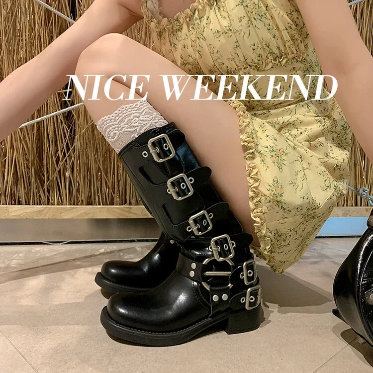 Platform Combat Boots Zip Chuny Heel Buckle Vintage Fashion Casual Luxury Designer Western Mid Calf Boots Shoes Woman