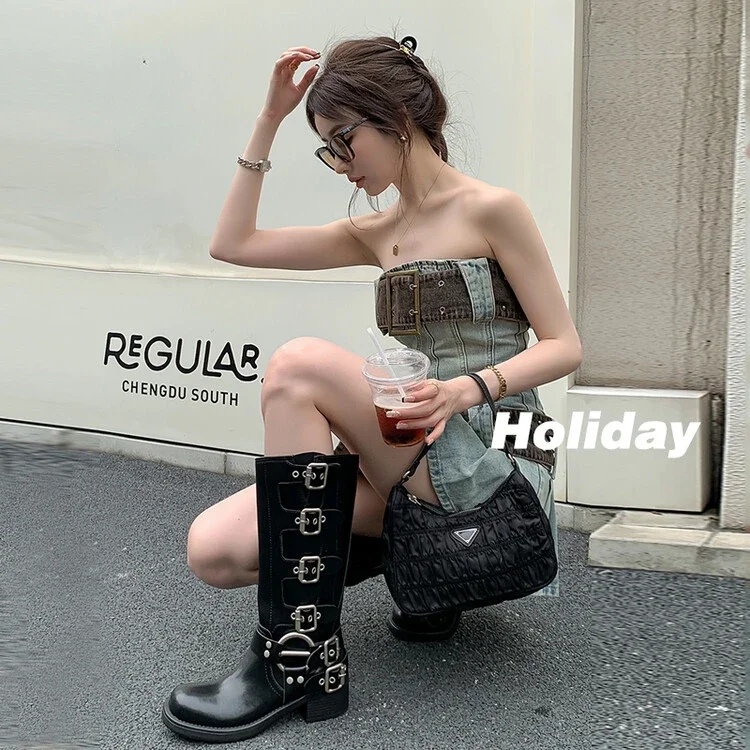Platform Combat Boots Zip Chuny Heel Buckle Vintage Fashion Casual Luxury Designer Western Mid Calf Boots Shoes Woman