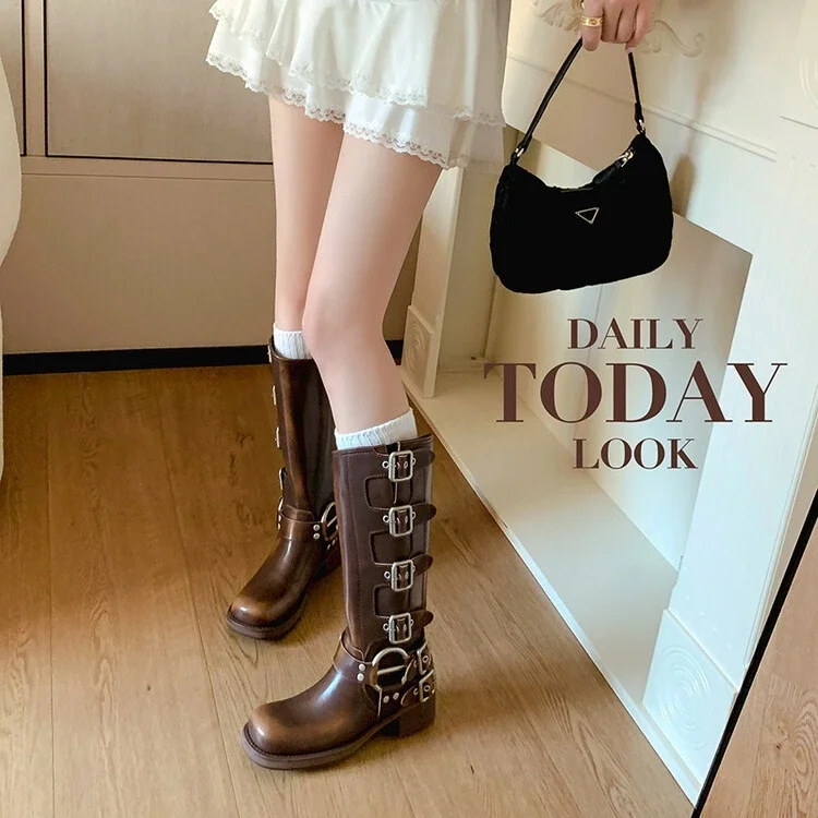 Platform Combat Boots Zip Chuny Heel Buckle Vintage Fashion Casual Luxury Designer Western Mid Calf Boots Shoes Woman
