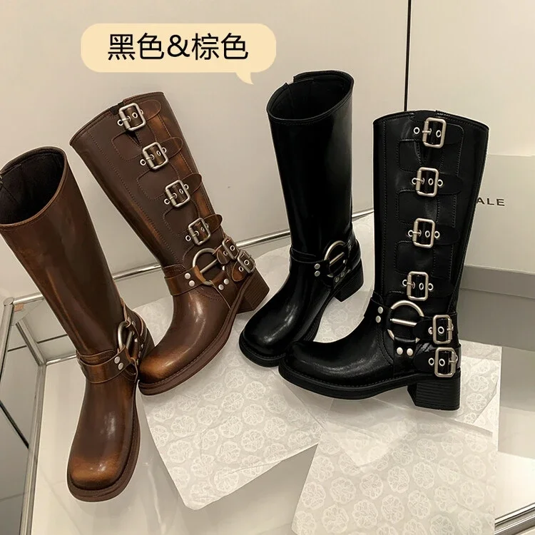 Platform Combat Boots Zip Chuny Heel Buckle Vintage Fashion Casual Luxury Designer Western Mid Calf Boots Shoes Woman