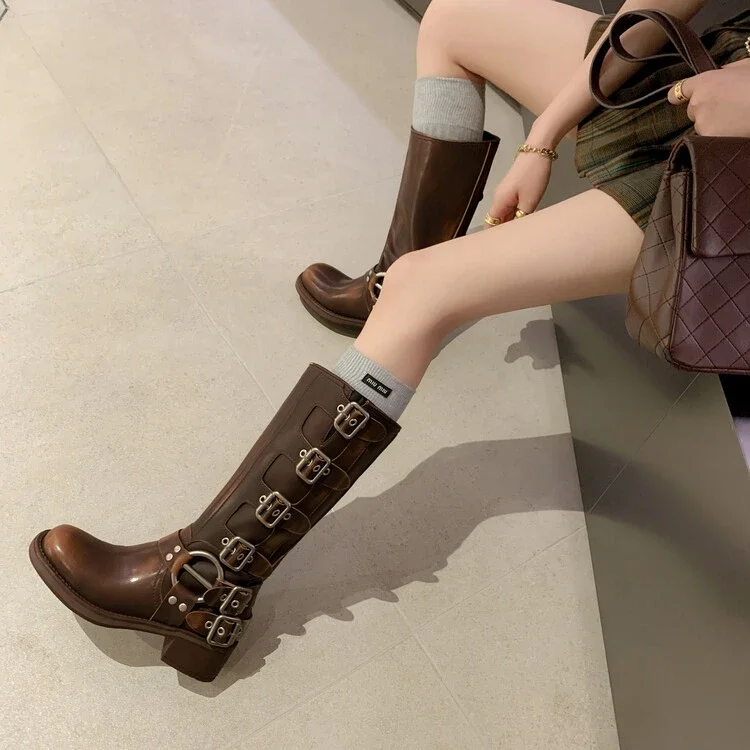 Platform Combat Boots Zip Chuny Heel Buckle Vintage Fashion Casual Luxury Designer Western Mid Calf Boots Shoes Woman