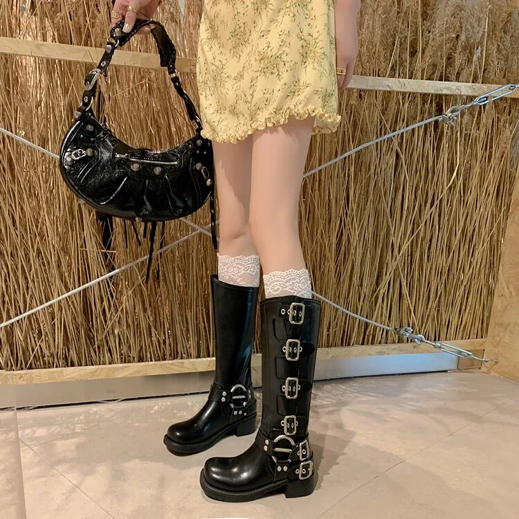 Platform Combat Boots Zip Chuny Heel Buckle Vintage Fashion Casual Luxury Designer Western Mid Calf Boots Shoes Woman
