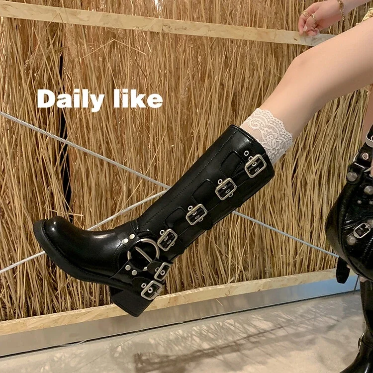 Platform Combat Boots Zip Chuny Heel Buckle Vintage Fashion Casual Luxury Designer Western Mid Calf Boots Shoes Woman
