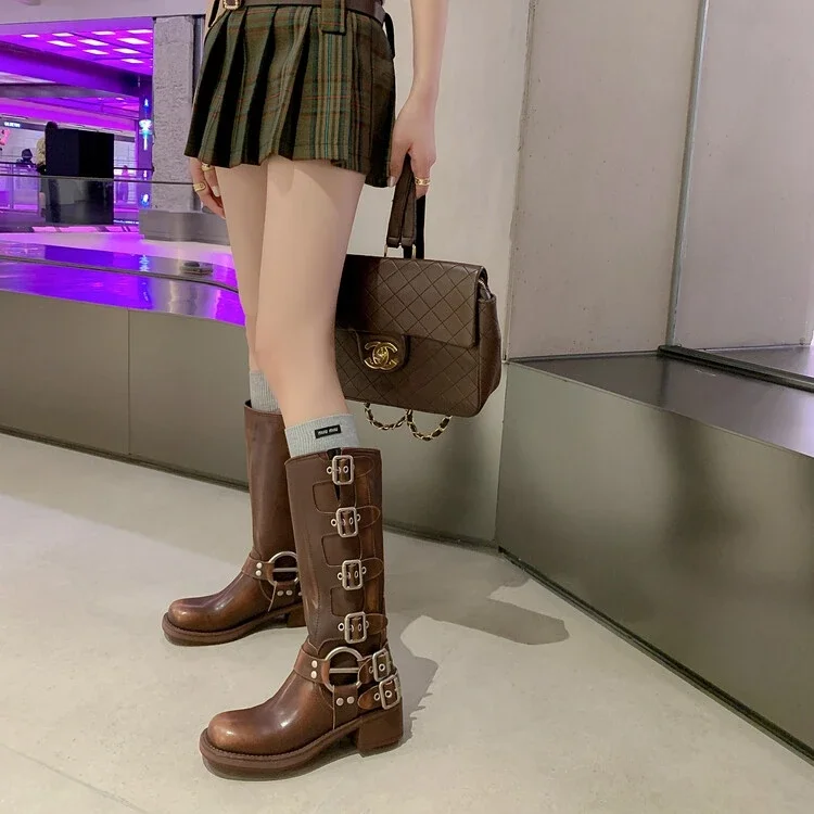 Platform Combat Boots Zip Chuny Heel Buckle Vintage Fashion Casual Luxury Designer Western Mid Calf Boots Shoes Woman