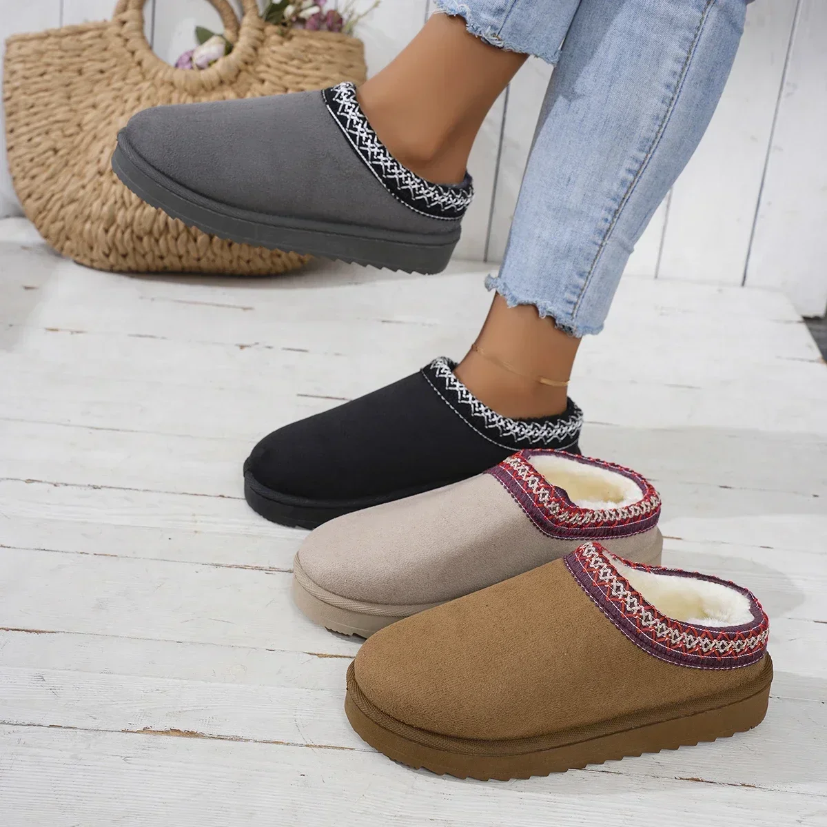 Winter 2024 New Cashmere Warm Thick Sole Heelless Covered Half Mop Cashmere Warm Uggs