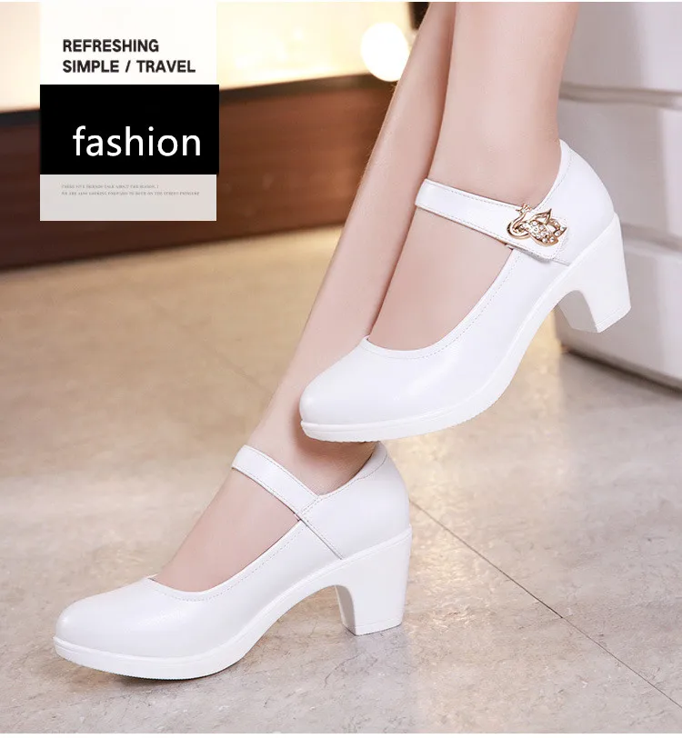 5cm Small Size 32-43 Shallow Crystal White Wedding Shoes Bride Platform Pumps 2026 Med Block Heels Mary Janes Office Mom Party