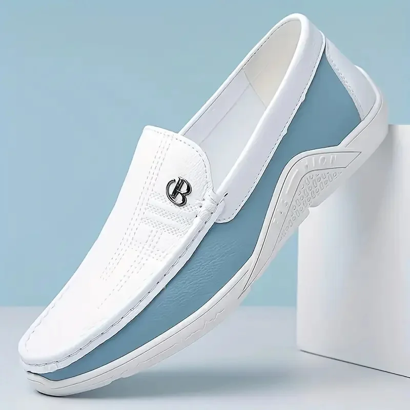 Men's Business Casual Slip-On Loafers White Blue Color Block Comfortable Driving Lightweight Daily Commute Friendly Shoes