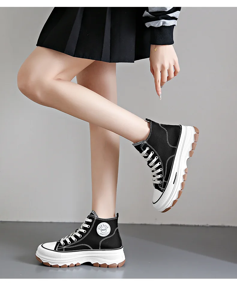 2024 New Women High Top Sneakers Lace-Up Casual Plarform Height Canvas Non-slip Wear Resistant Spring Female Vulcanize Shoes