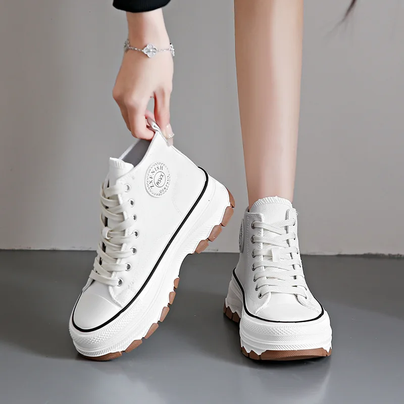 2024 New Women High Top Sneakers Lace-Up Casual Plarform Height Canvas Non-slip Wear Resistant Spring Female Vulcanize Shoes