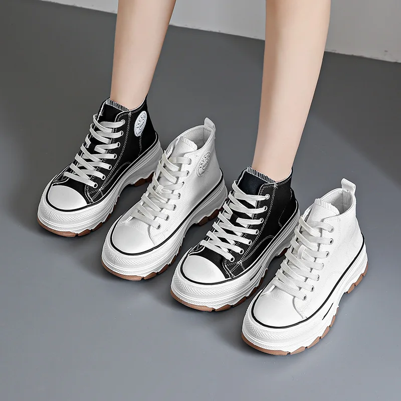 2024 New Women High Top Sneakers Lace-Up Casual Plarform Height Canvas Non-slip Wear Resistant Spring Female Vulcanize Shoes