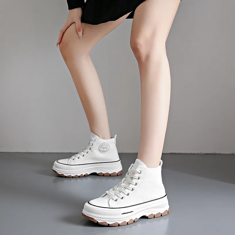 2024 New Women High Top Sneakers Lace-Up Casual Plarform Height Canvas Non-slip Wear Resistant Spring Female Vulcanize Shoes