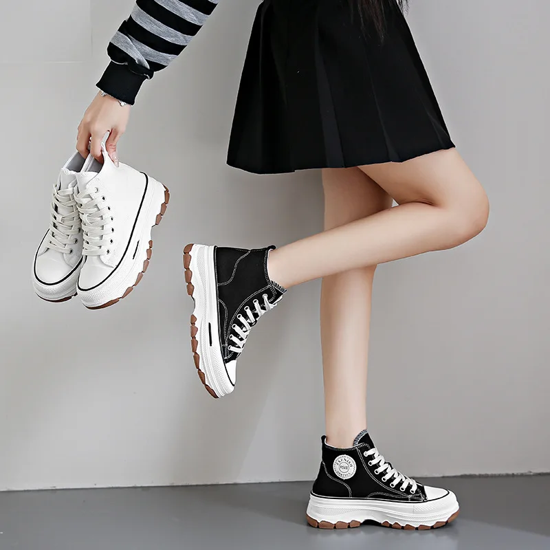 2024 New Women High Top Sneakers Lace-Up Casual Plarform Height Canvas Non-slip Wear Resistant Spring Female Vulcanize Shoes