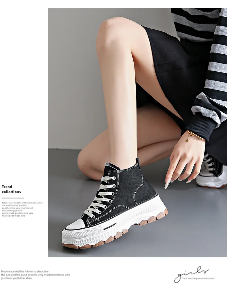 2024 New Women High Top Sneakers Lace-Up Casual Plarform Height Canvas Non-slip Wear Resistant Spring Female Vulcanize Shoes