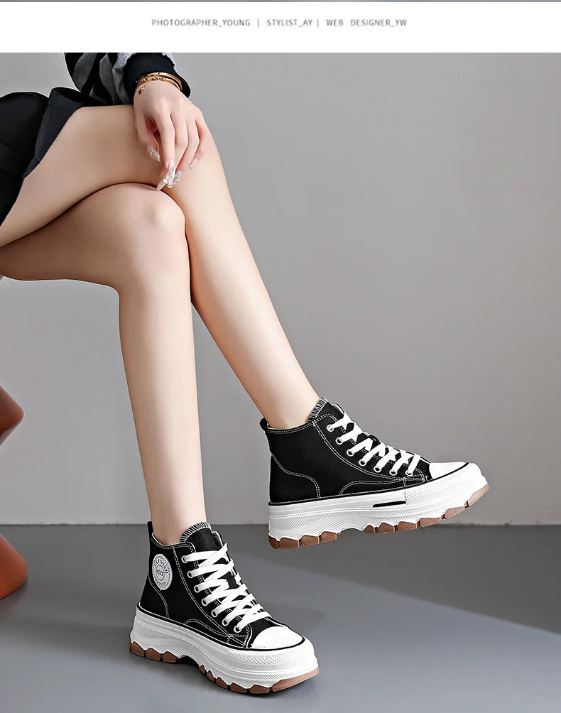 2024 New Women High Top Sneakers Lace-Up Casual Plarform Height Canvas Non-slip Wear Resistant Spring Female Vulcanize Shoes