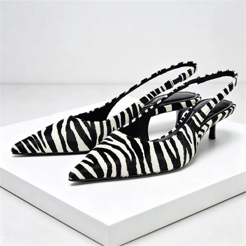 Novelty Zebra Print Design Kitten Heel Pumps Women Sexy Pointed Toe Slingbacks High Heels for Ladies Street Style Women Shoes