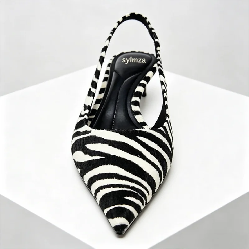 Novelty Zebra Print Design Kitten Heel Pumps Women Sexy Pointed Toe Slingbacks High Heels for Ladies Street Style Women Shoes