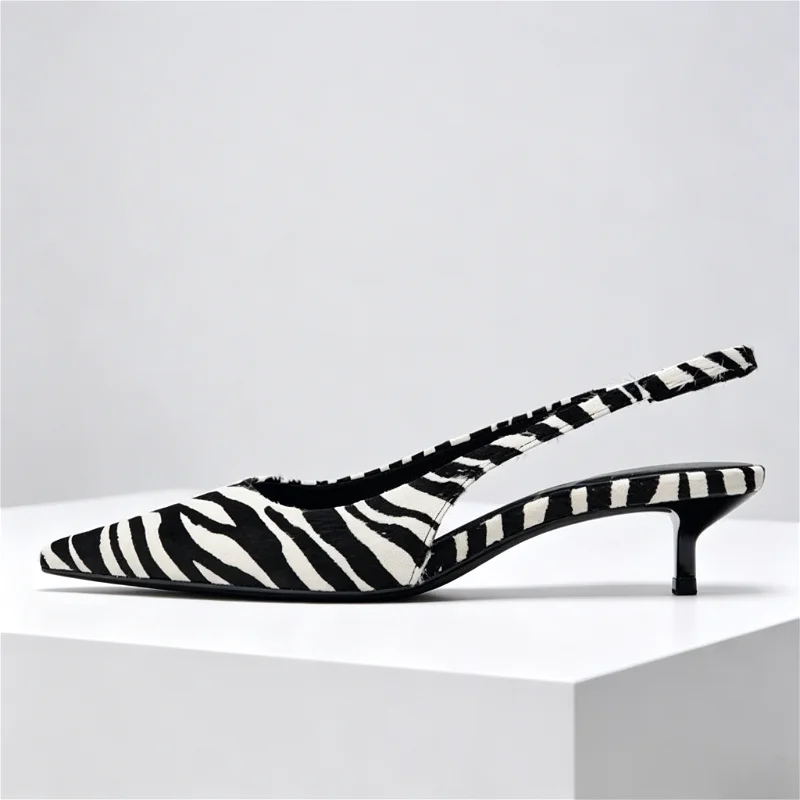 Novelty Zebra Print Design Kitten Heel Pumps Women Sexy Pointed Toe Slingbacks High Heels for Ladies Street Style Women Shoes