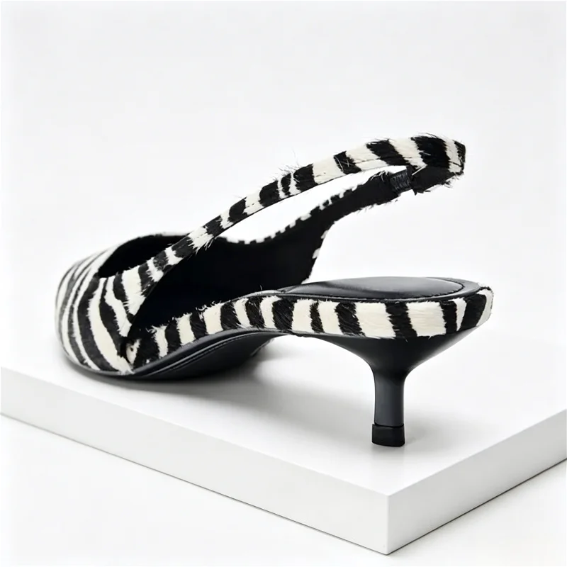 Novelty Zebra Print Design Kitten Heel Pumps Women Sexy Pointed Toe Slingbacks High Heels for Ladies Street Style Women Shoes