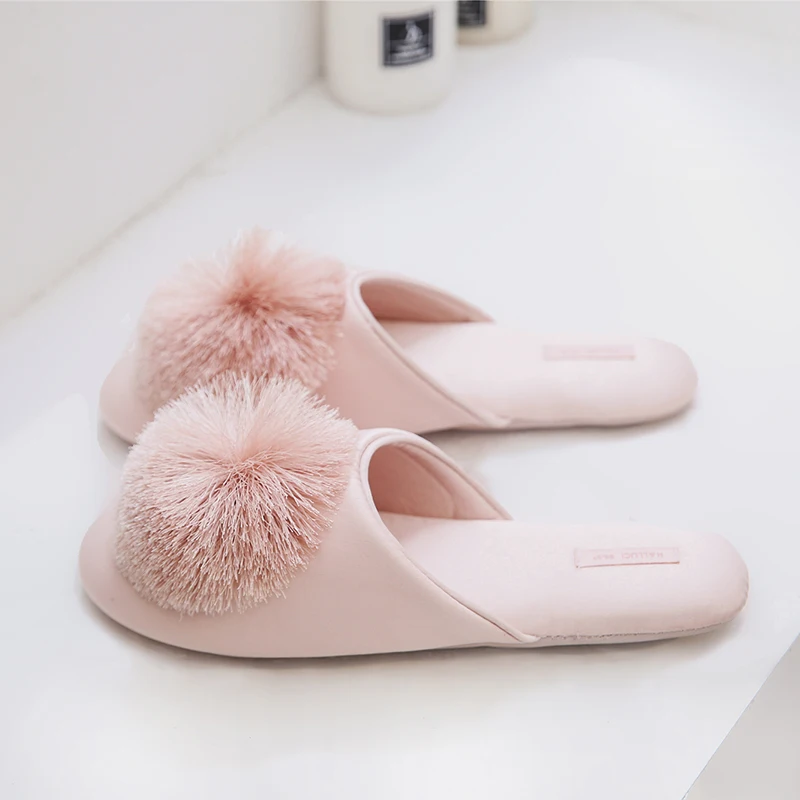 Fashion Women Satin Slippers With Plush Ball Thin Cool Indoor Floor Flat Home Shoes Bedroom Slippers