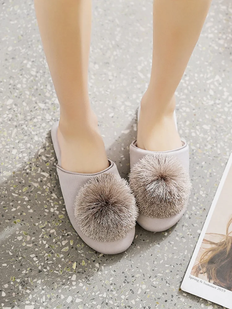 Fashion Women Satin Slippers With Plush Ball Thin Cool Indoor Floor Flat Home Shoes Bedroom Slippers