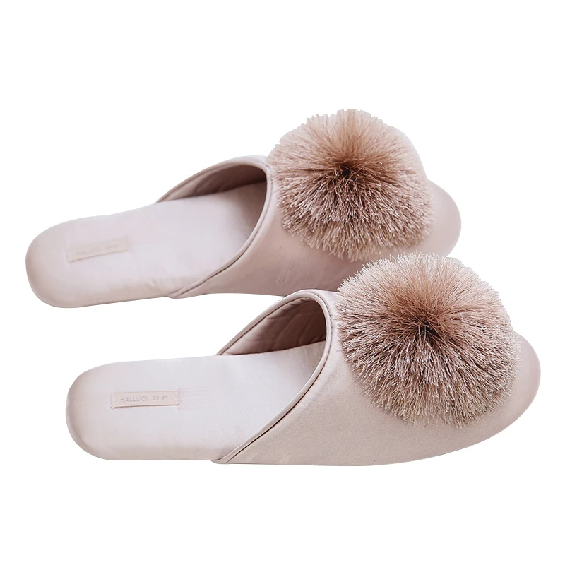 Fashion Women Satin Slippers With Plush Ball Thin Cool Indoor Floor Flat Home Shoes Bedroom Slippers