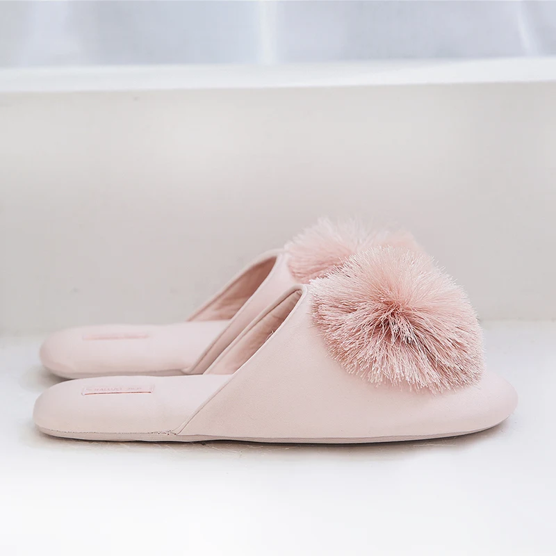 Fashion Women Satin Slippers With Plush Ball Thin Cool Indoor Floor Flat Home Shoes Bedroom Slippers