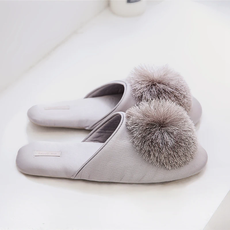 Fashion Women Satin Slippers With Plush Ball Thin Cool Indoor Floor Flat Home Shoes Bedroom Slippers