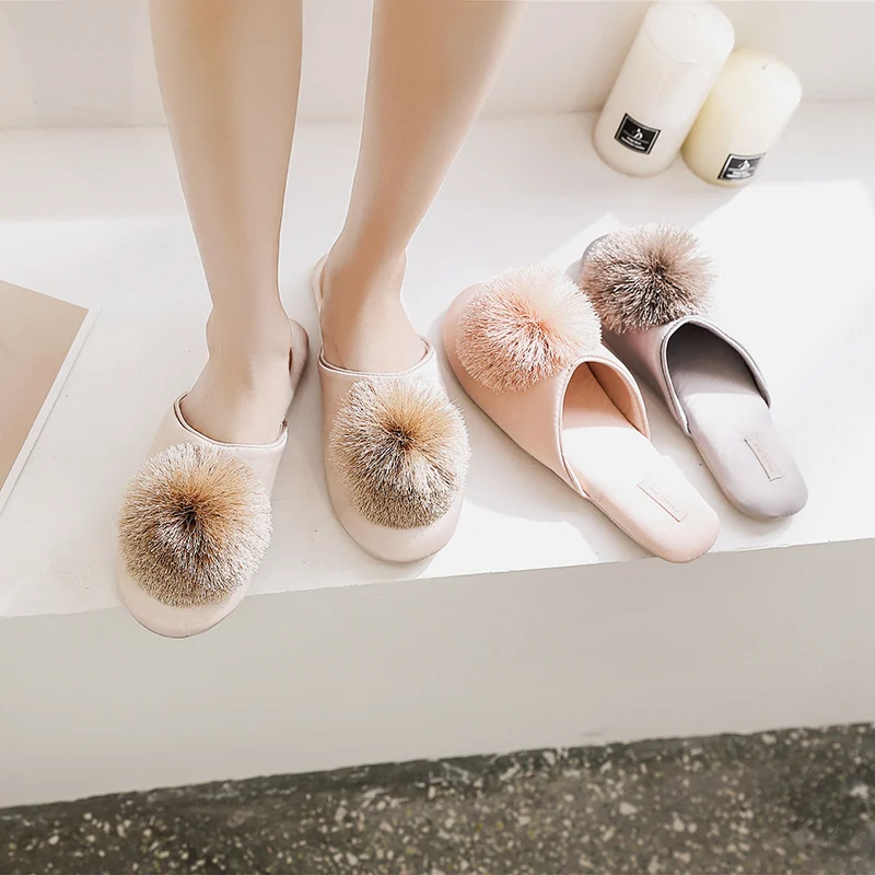 Fashion Women Satin Slippers With Plush Ball Thin Cool Indoor Floor Flat Home Shoes Bedroom Slippers