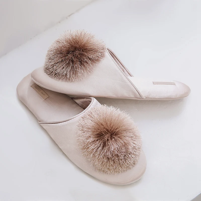 Fashion Women Satin Slippers With Plush Ball Thin Cool Indoor Floor Flat Home Shoes Bedroom Slippers