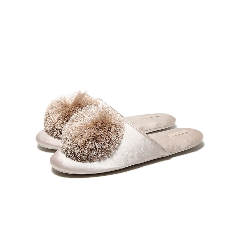Fashion Women Satin Slippers With Plush Ball Thin Cool Indoor Floor Flat Home Shoes Bedroom Slippers