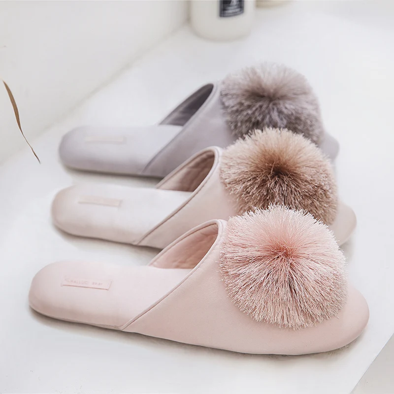 Fashion Women Satin Slippers With Plush Ball Thin Cool Indoor Floor Flat Home Shoes Bedroom Slippers