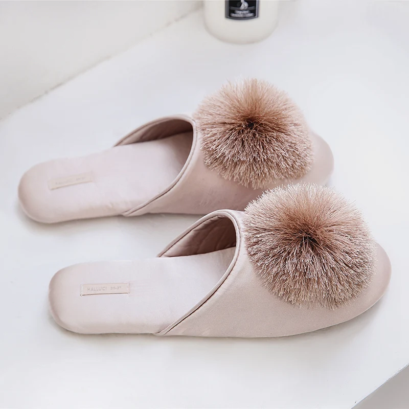 Fashion Women Satin Slippers With Plush Ball Thin Cool Indoor Floor Flat Home Shoes Bedroom Slippers
