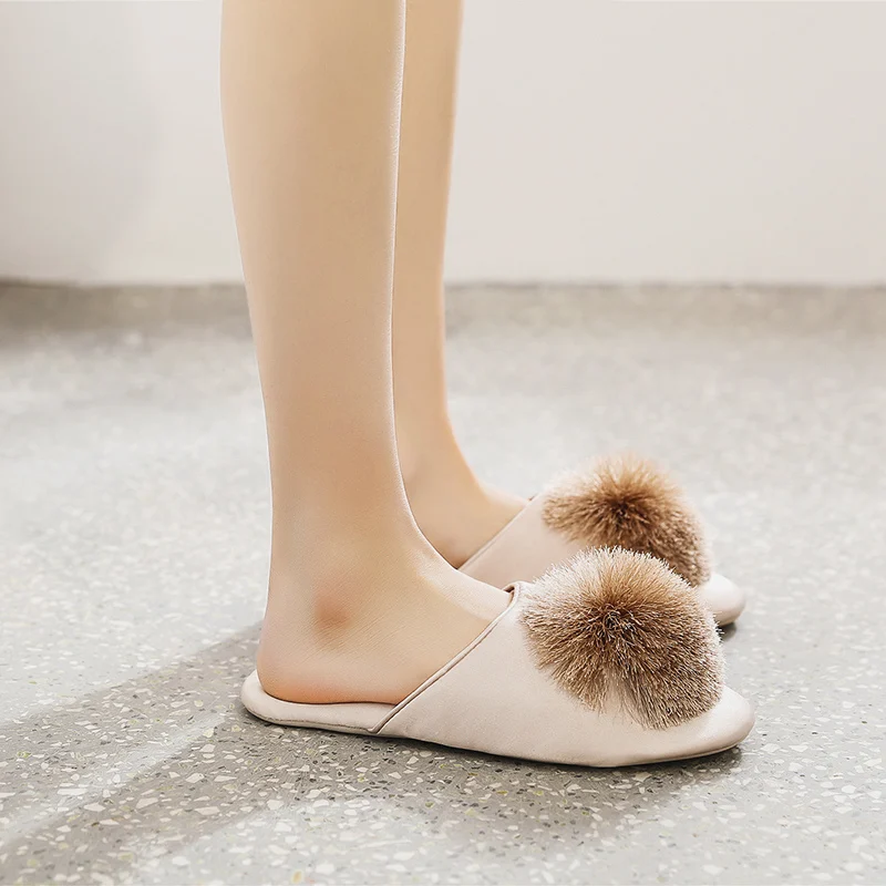 Fashion Women Satin Slippers With Plush Ball Thin Cool Indoor Floor Flat Home Shoes Bedroom Slippers