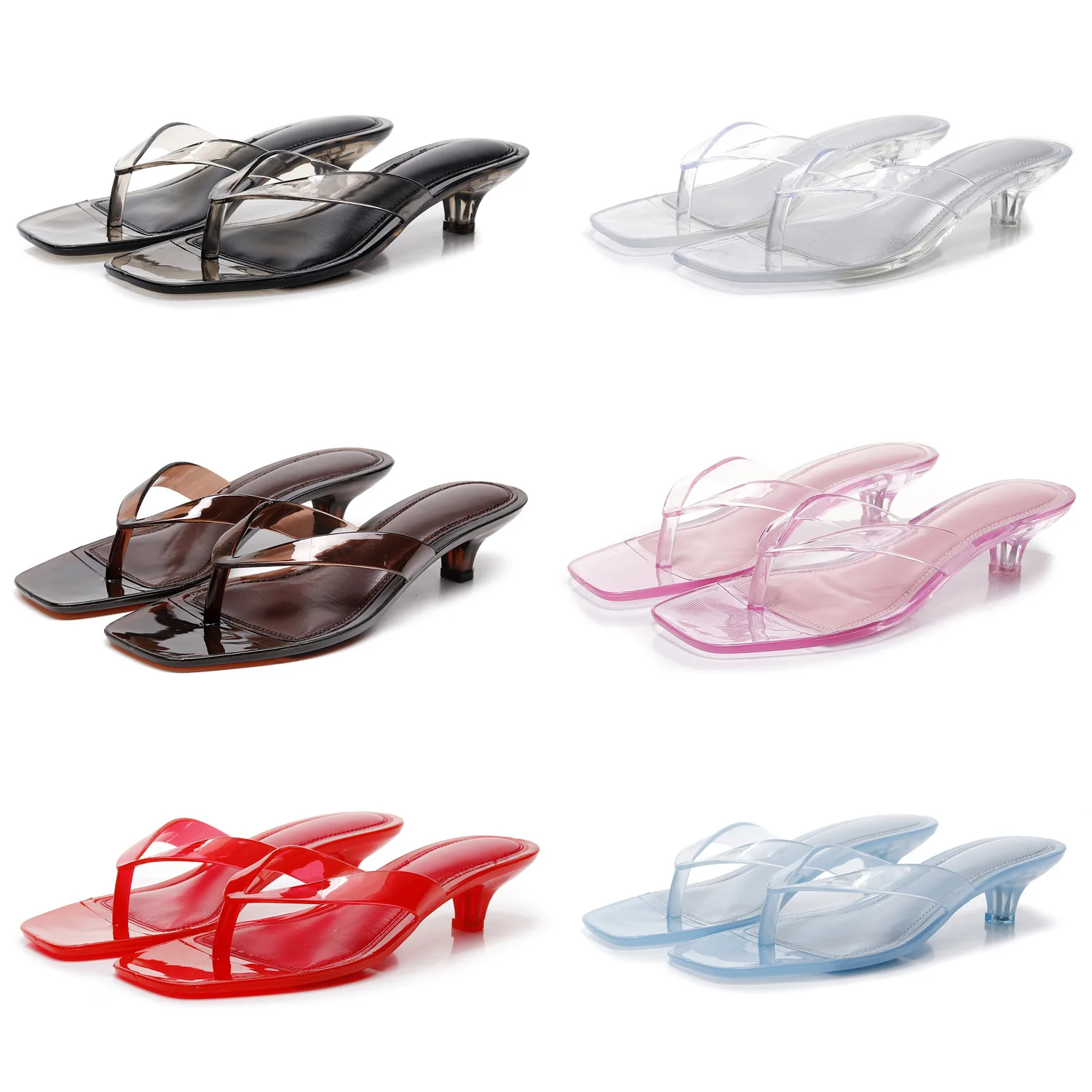 2026 New Women's Crystal Jelly Slippers Low Wine Glass Heel Toe Post Square Toe Sandals Casual Summer Beach Flip Flops