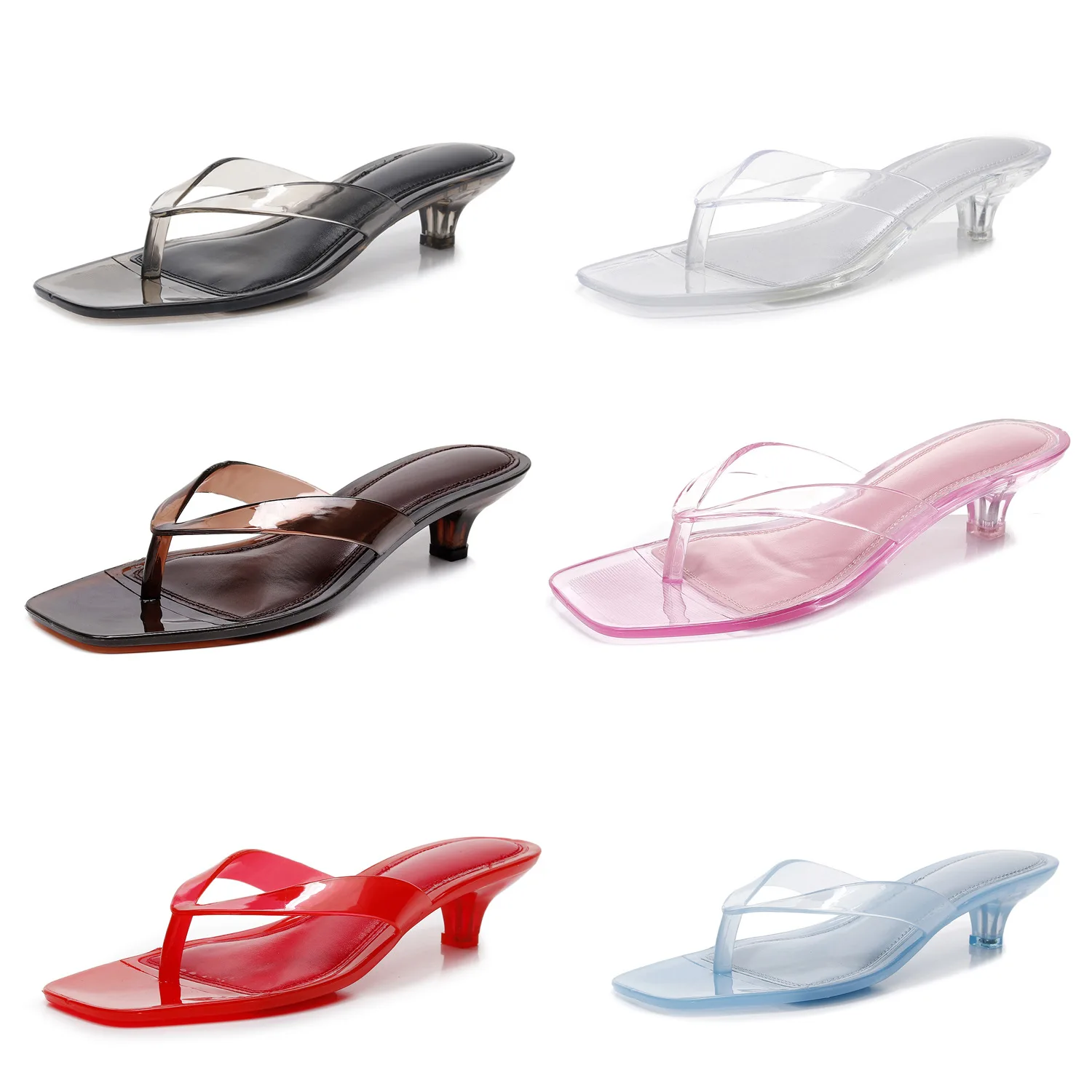 2026 New Women's Crystal Jelly Slippers Low Wine Glass Heel Toe Post Square Toe Sandals Casual Summer Beach Flip Flops