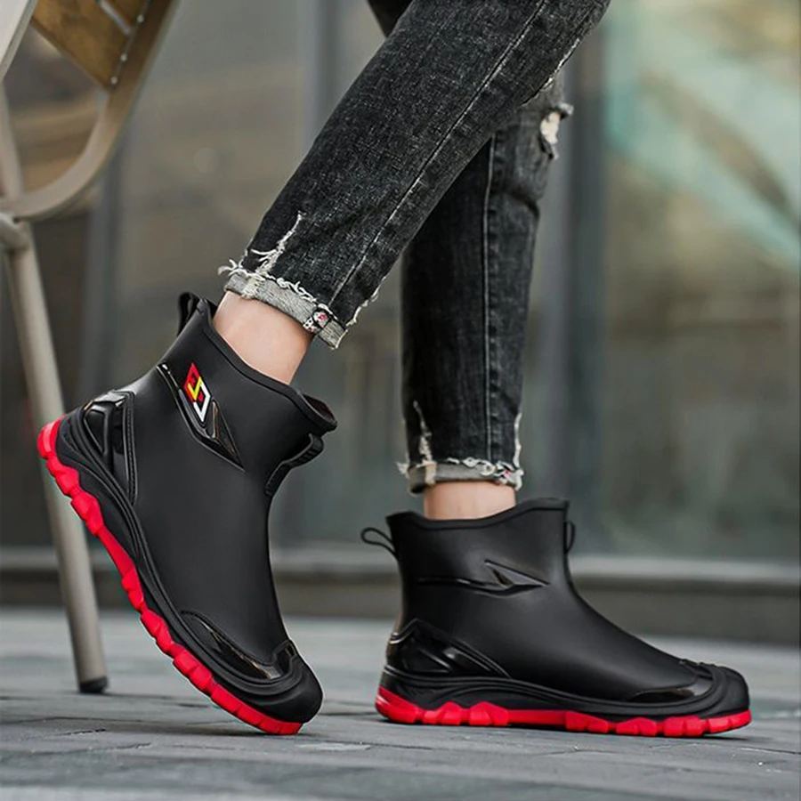 Workwear Style Outdoor Work Commuting Fishing Kitchen Anti Slip Waterproof Men's Flat Bottomed High-Quality Rubber Boots Rain Bo