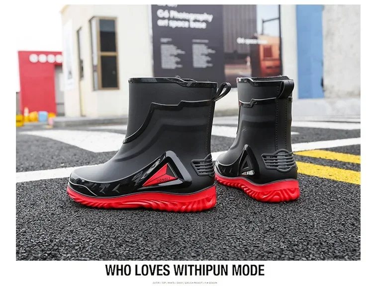 2026 Men's new short tube water boots, waterproof shoes, anti slip thick soled rain boots, outdoor work rain boots