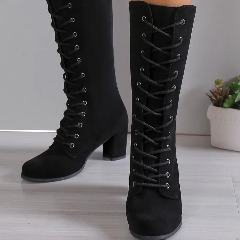 Winter New Coarse Heel Shoes Women's Round Head Front Cross Lacing Anti-slip Wear-resistant High Boots