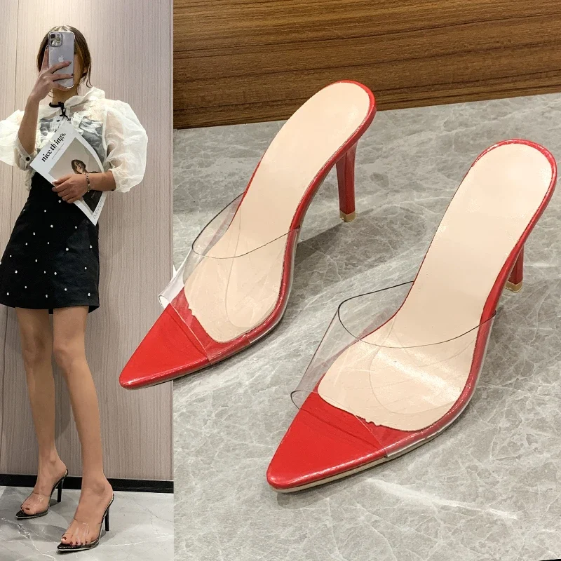 Trendy Sexy Heeled Ladies Pointed Open Toe Slip on Party Stiletto High Heel Clear Mule Slides Woman Nude Transparent Shoes