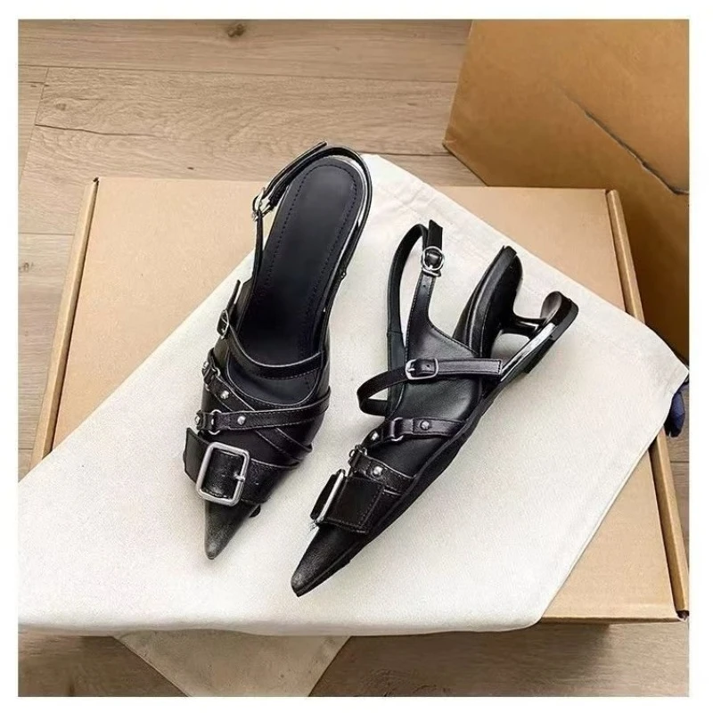 2026 New Pointed Toe High Heels Women Wear Belt Buckle Baotou Cold Slippers Half Drag Back Empty Single Shoes For Women Shoes